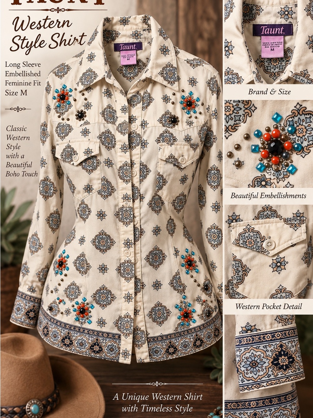 Taunt Cream Paisley-Print Western Shirt with Turquoise & Coral Bead Accents